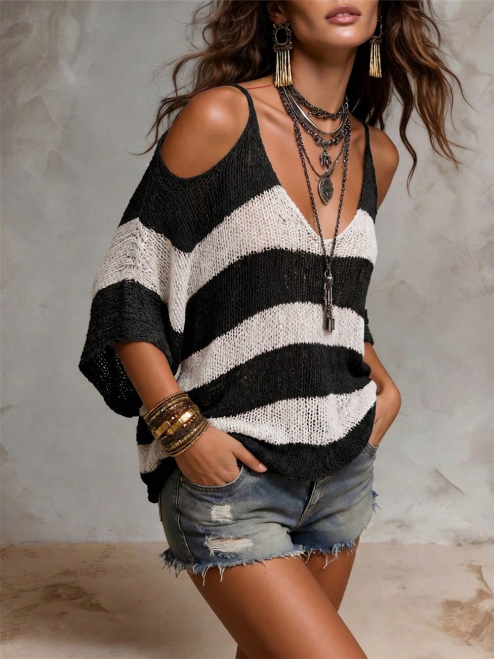 Striped Cold Shoulder Sweater - Picture 2 of 9
